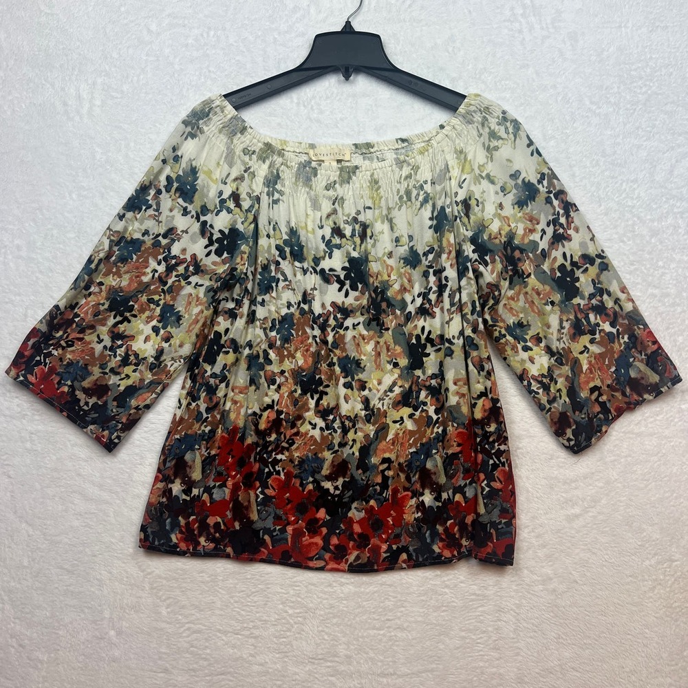 Lovestitch Shirt Women's Large Boho Multicolor Floral Off-shoulder 3/4 Sleeve